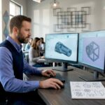 3D designer working on office CAD workstation