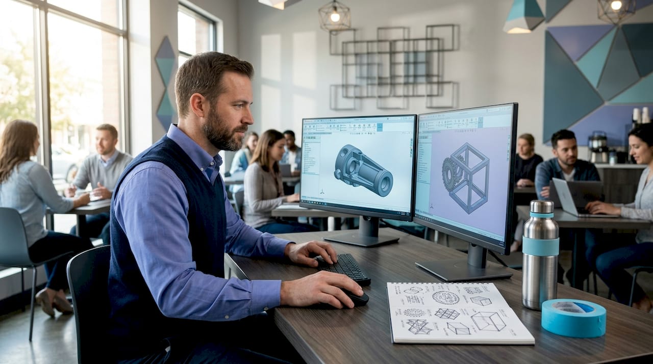 3D designer working on office CAD workstation