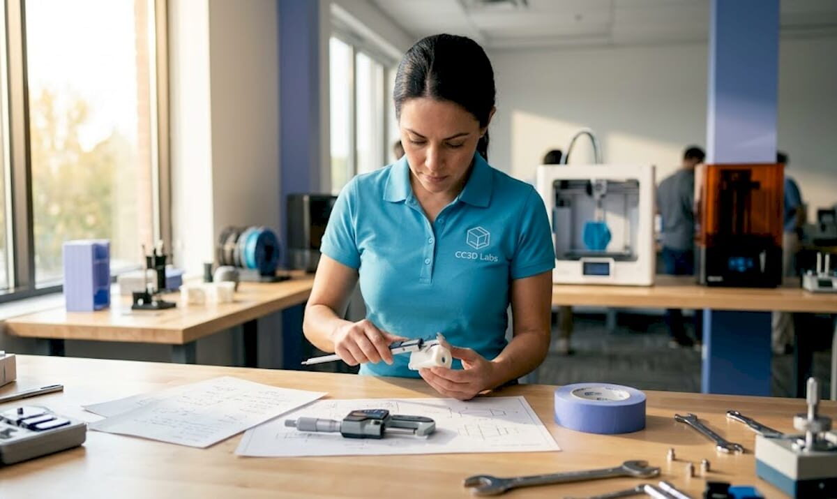 Engineer inspecting 3D printed part at workbench