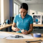 Engineer inspecting 3D printed part at workbench