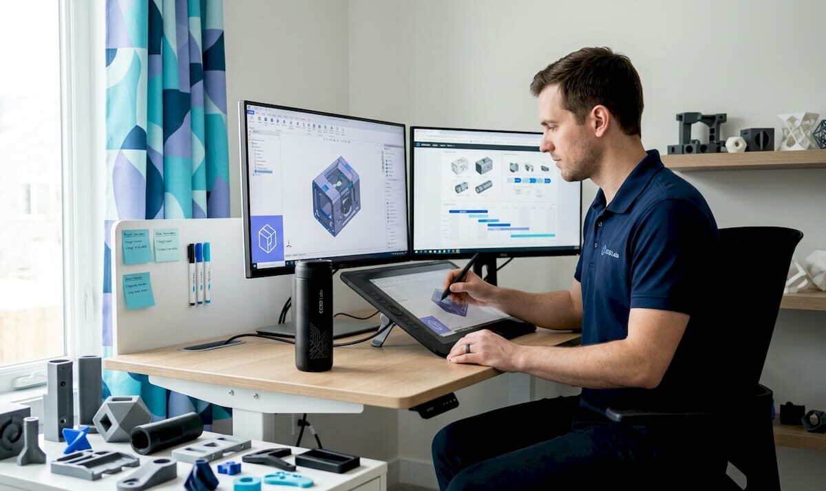 3D modeler working in bright studio