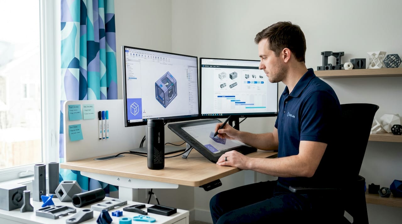 3D modeler working in bright studio