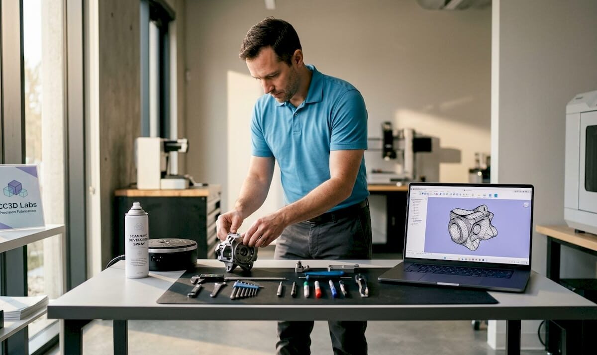 Technician preparing object for 3D scanning in workspace
