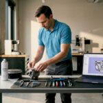 Technician preparing object for 3D scanning in workspace