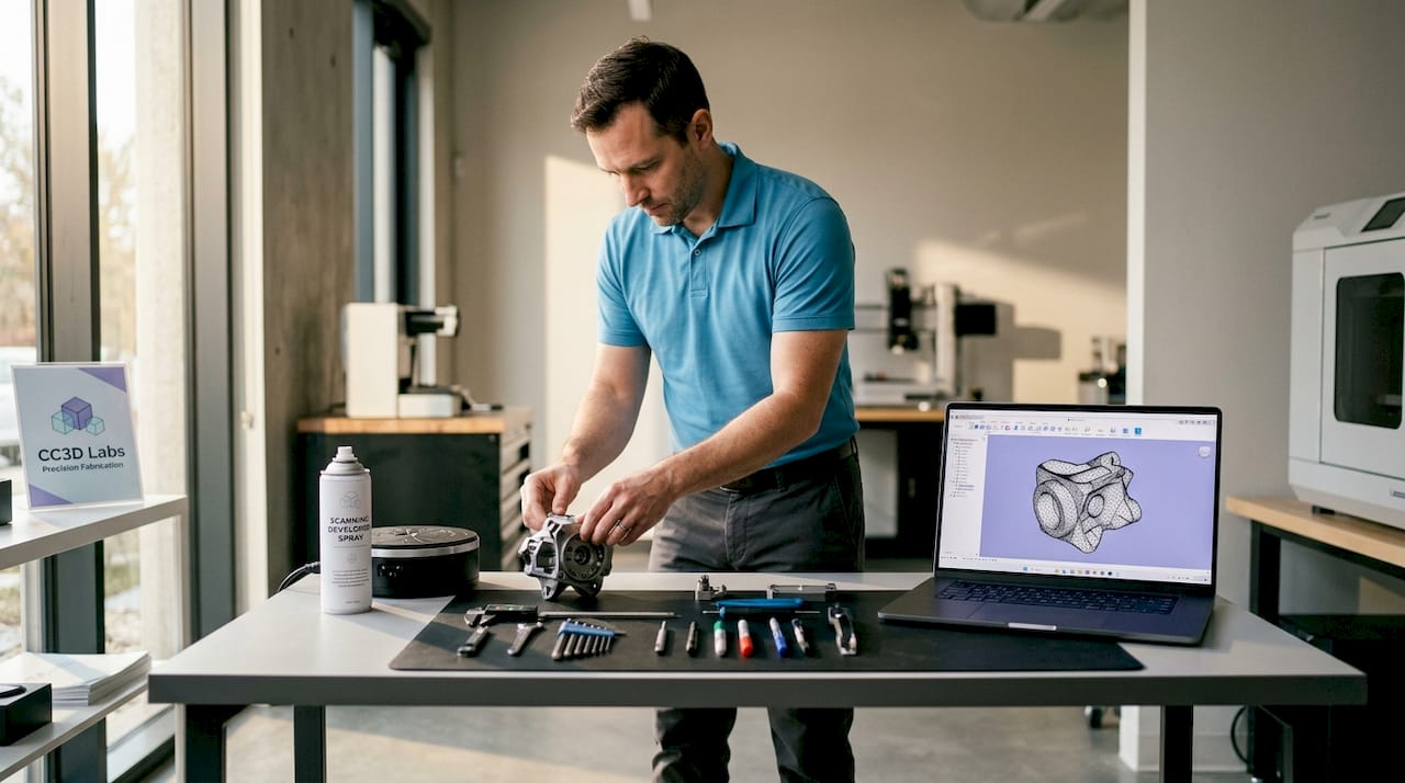 Technician preparing object for 3D scanning in workspace