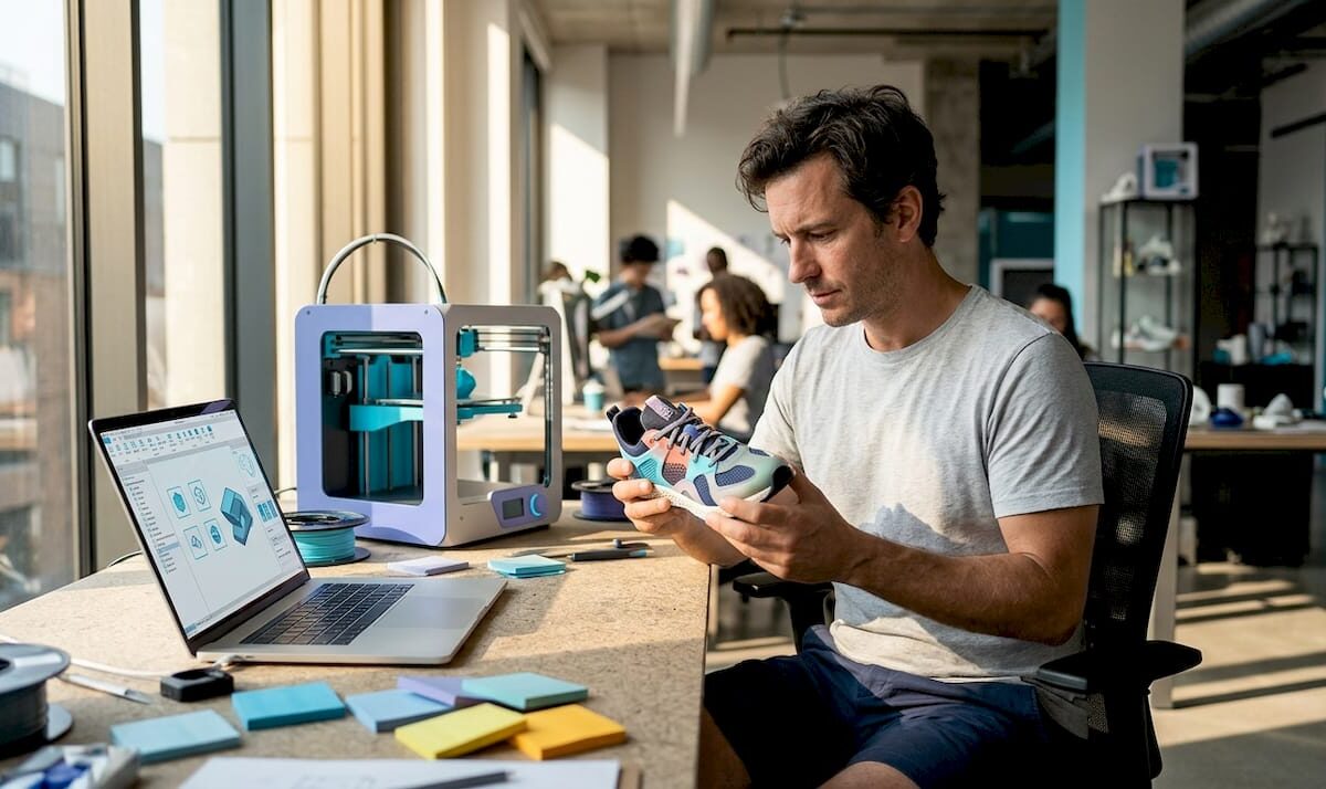 Retail designer examines 3D-printed sneaker prototype
