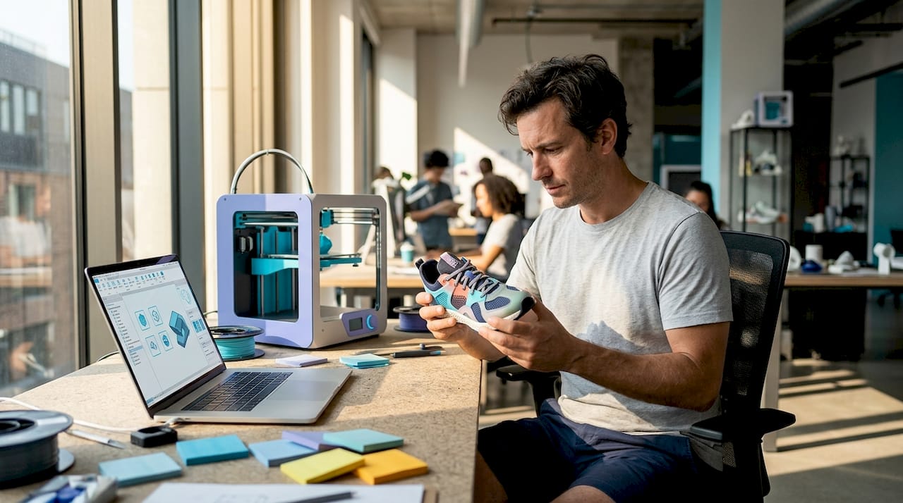 Retail designer examines 3D-printed sneaker prototype