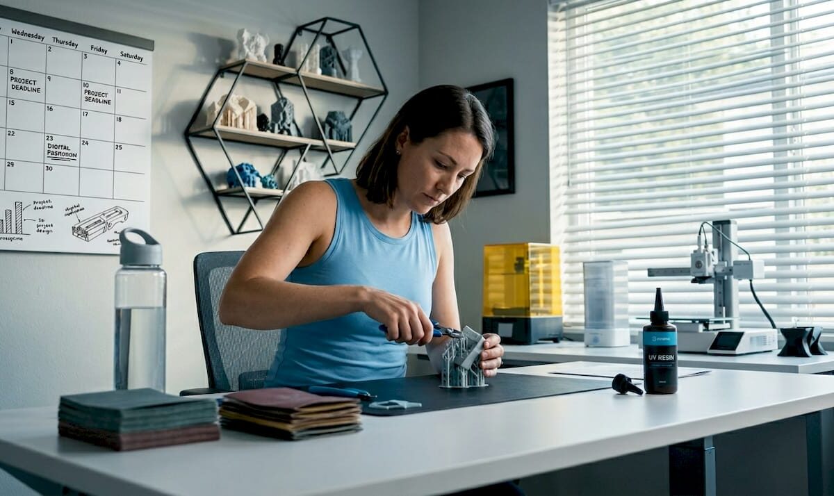 Woman removing supports from 3D print at workbench