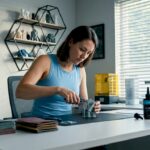Woman removing supports from 3D print at workbench