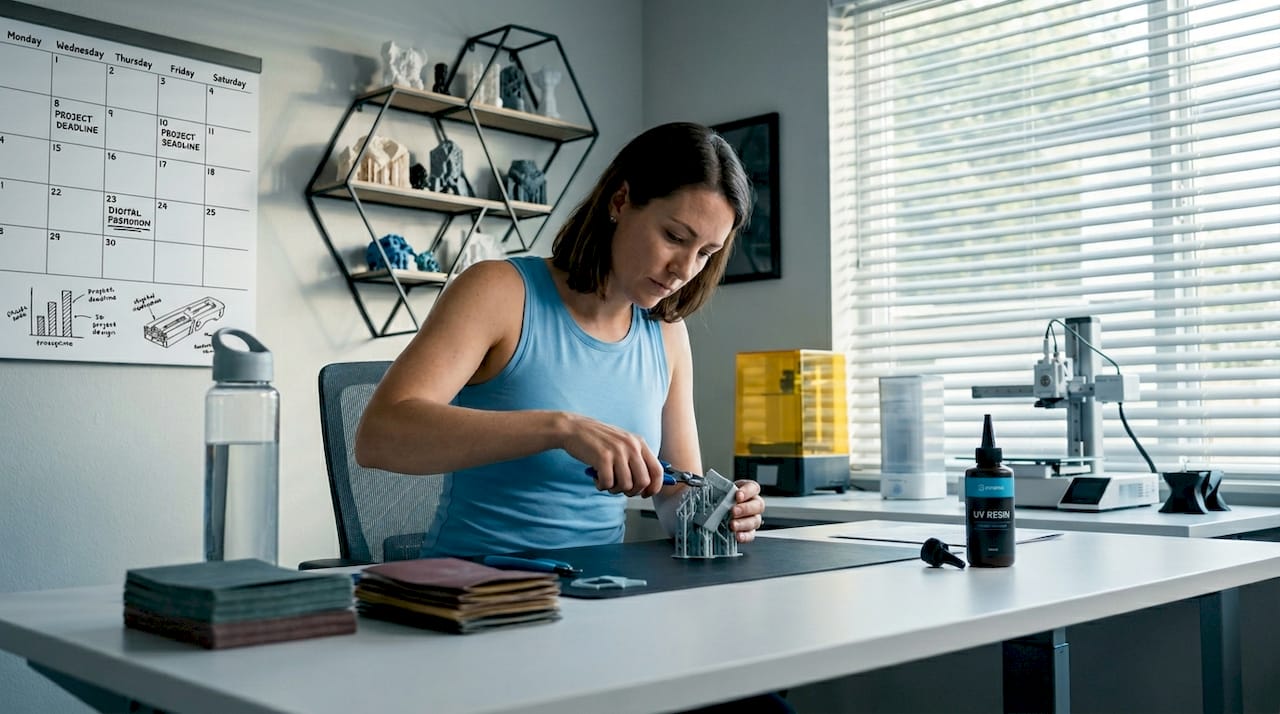 Woman removing supports from 3D print at workbench