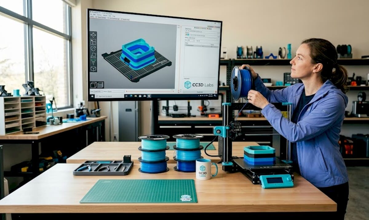 Maker prepping multi-color FDM print in workspace