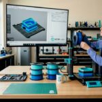 Maker prepping multi-color FDM print in workspace