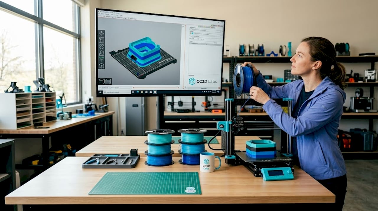 Maker prepping multi-color FDM print in workspace