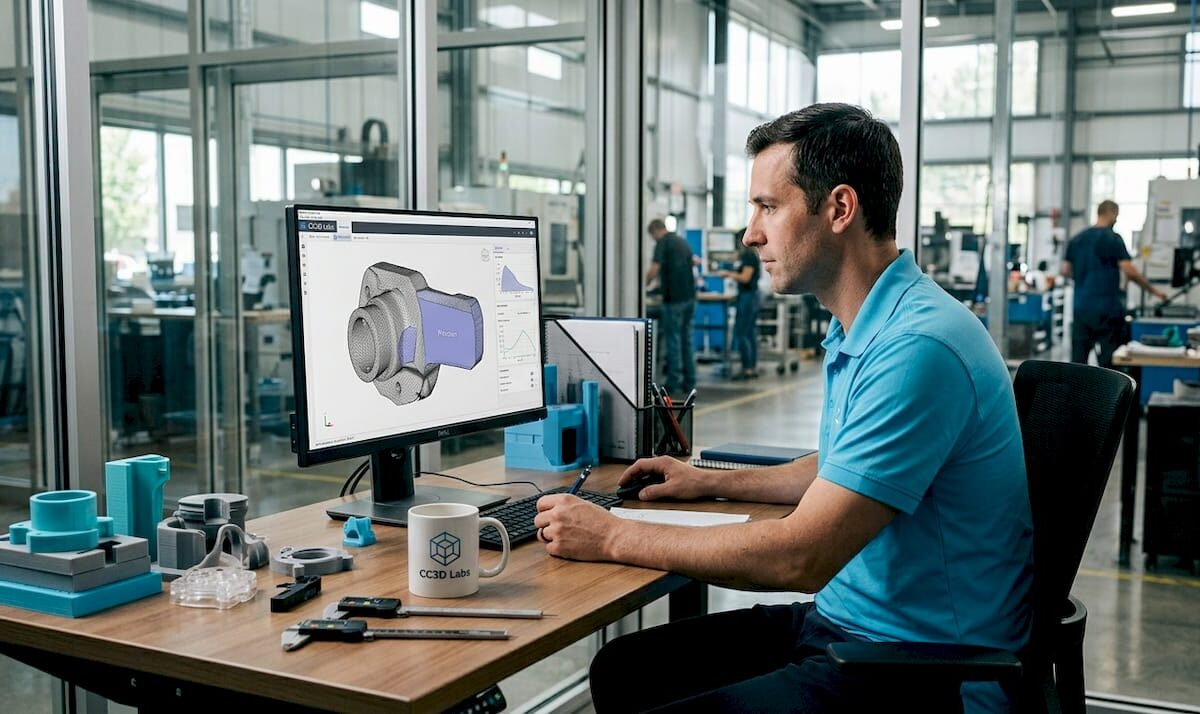 Engineer reviewing 3D scan data in office