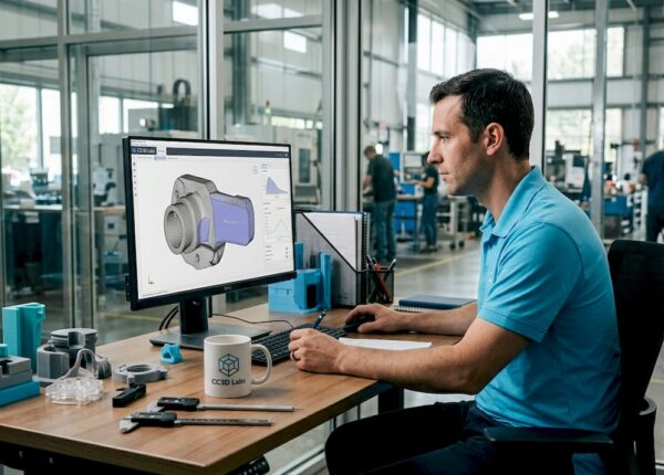 Engineer reviewing 3D scan data in office