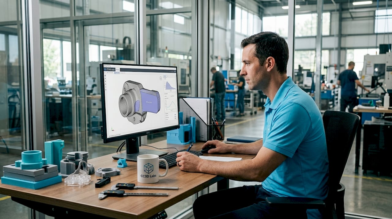 Engineer reviewing 3D scan data in office