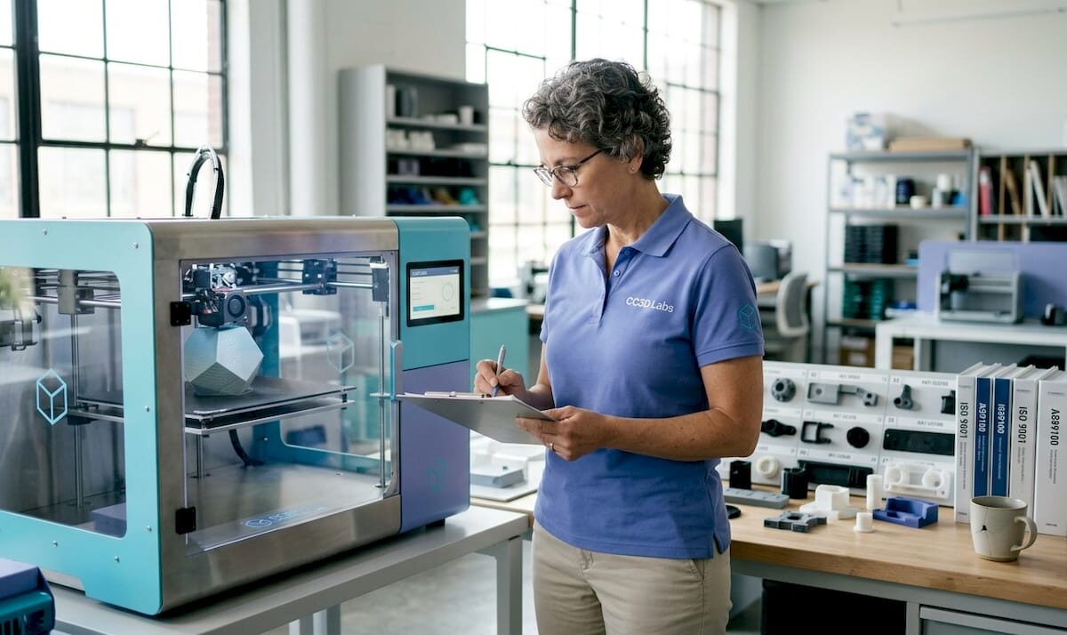 QA manager reviewing ISO checklist for 3D printer