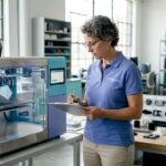 QA manager reviewing ISO checklist for 3D printer