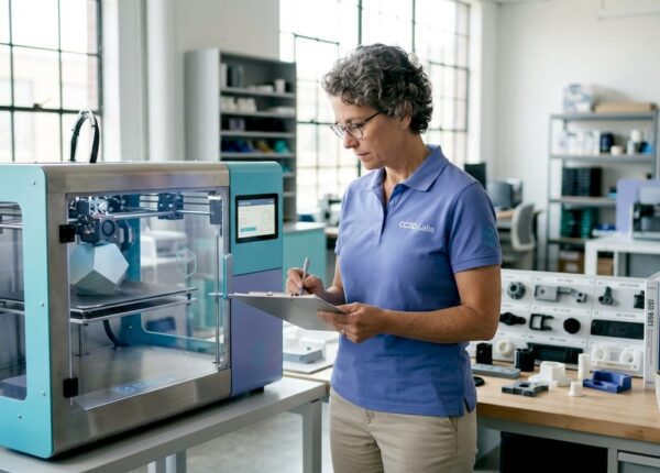 QA manager reviewing ISO checklist for 3D printer