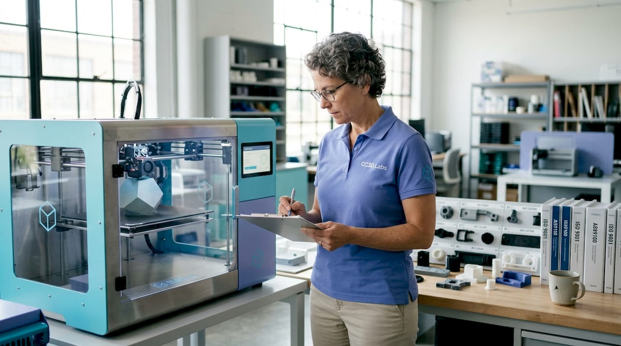 QA manager reviewing ISO checklist for 3D printer