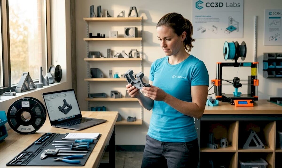 Technician examining 3D printed part in workshop
