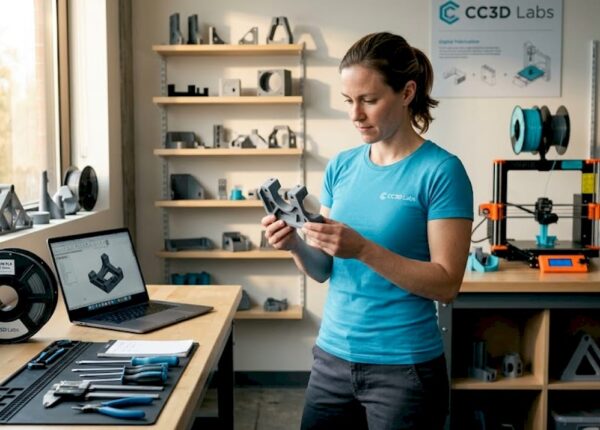 Technician examining 3D printed part in workshop