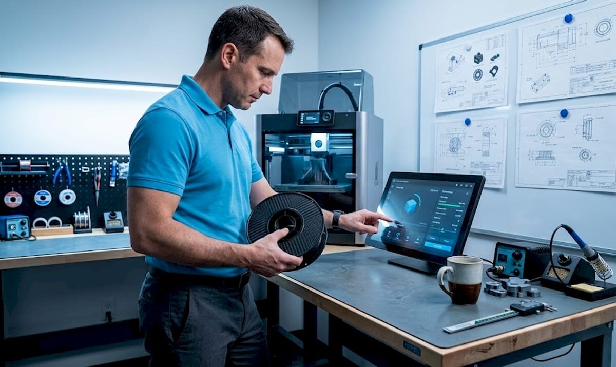 Engineer choosing filament for 3D printing in lab