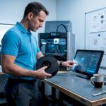 Engineer choosing filament for 3D printing in lab