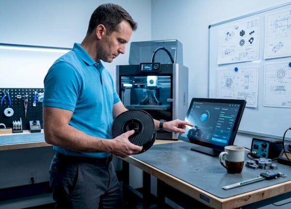 Engineer choosing filament for 3D printing in lab