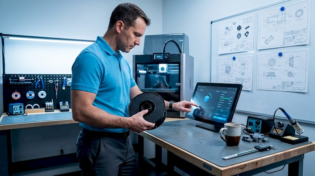 Engineer choosing filament for 3D printing in lab