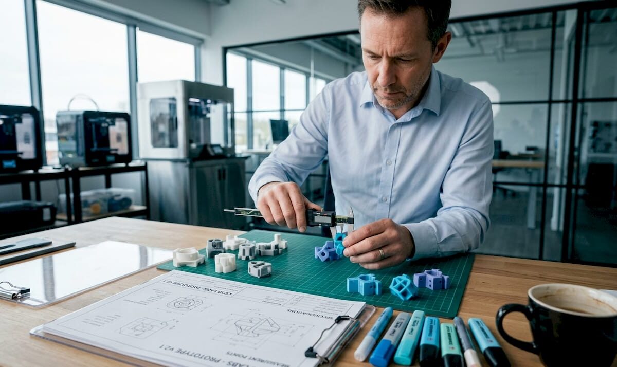 Engineer inspecting 3D printed parts at bench