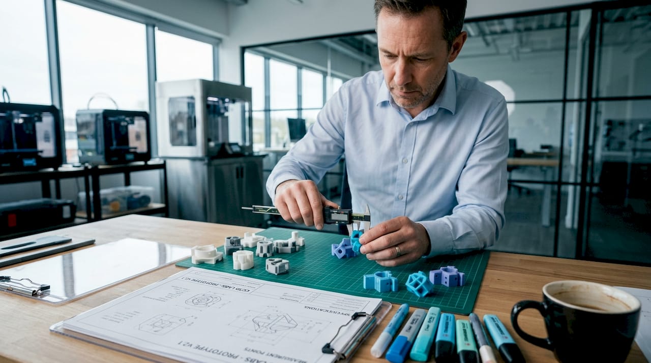 Engineer inspecting 3D printed parts at bench