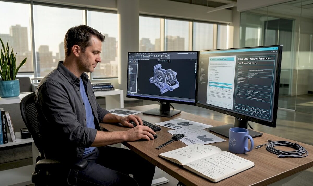 Engineer designing 3D printed part at desk