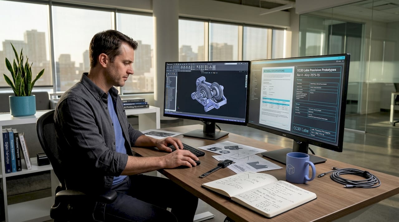 Engineer designing 3D printed part at desk