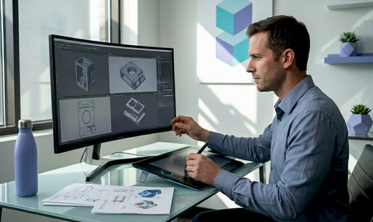 Designer working on 3D modeling software at desk