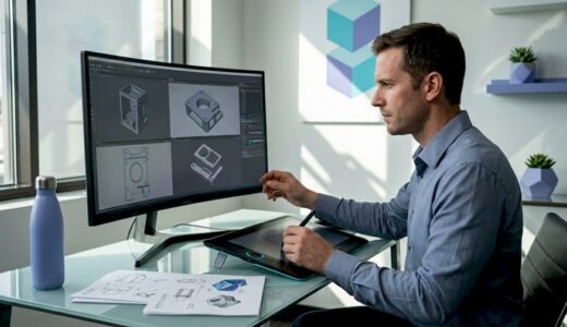 Designer working on 3D modeling software at desk