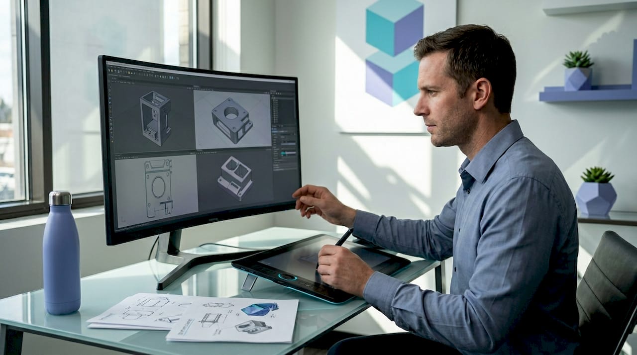 Designer working on 3D modeling software at desk