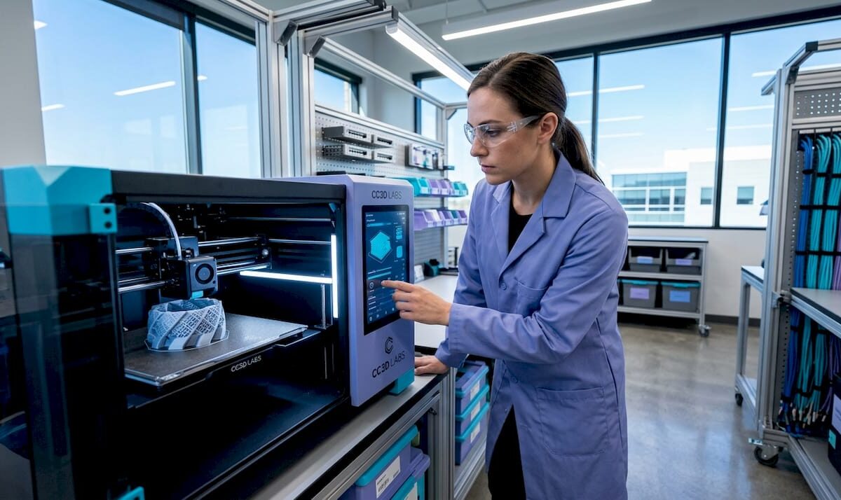 Engineer operating industrial precision 3D printer