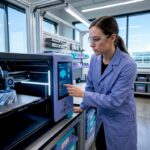 Engineer operating industrial precision 3D printer