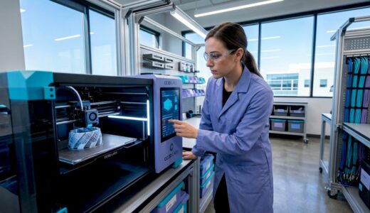 Engineer operating industrial precision 3D printer
