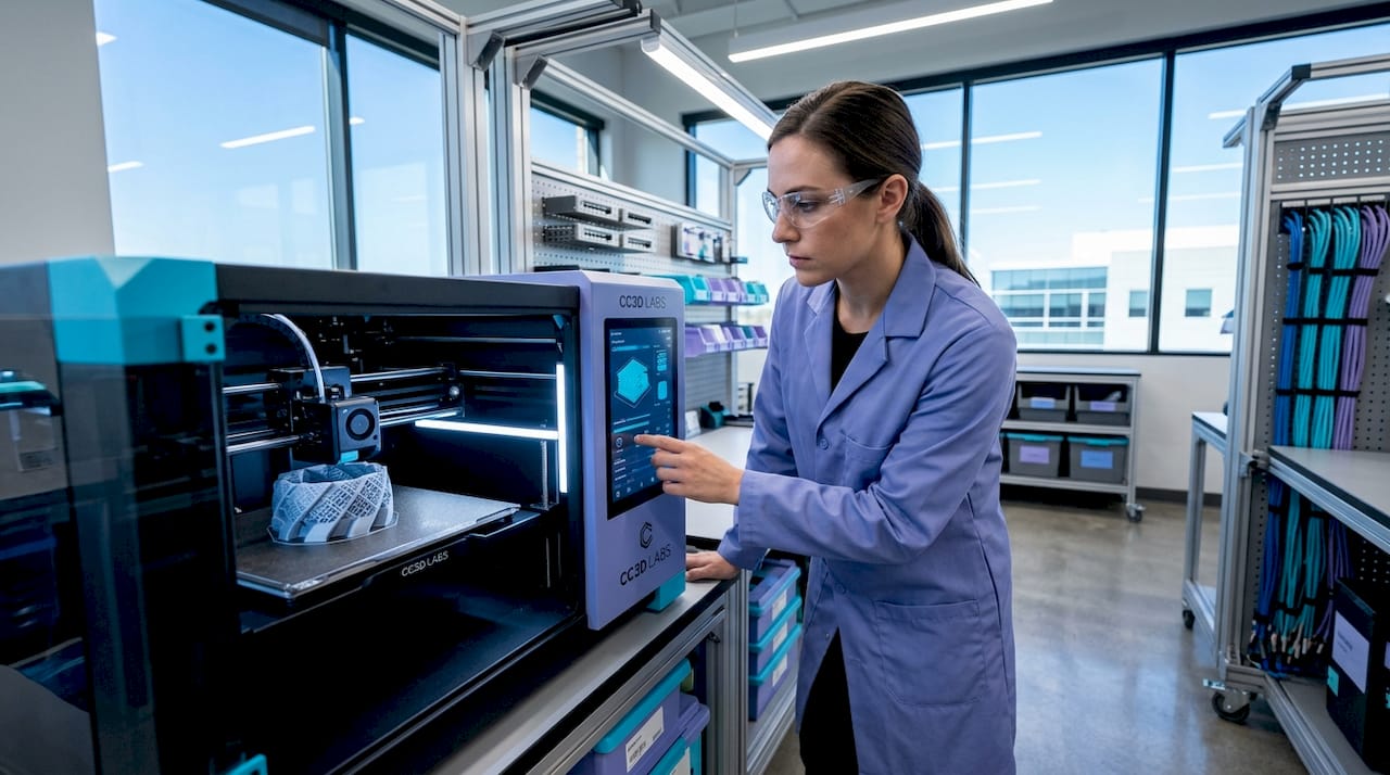 Engineer operating industrial precision 3D printer