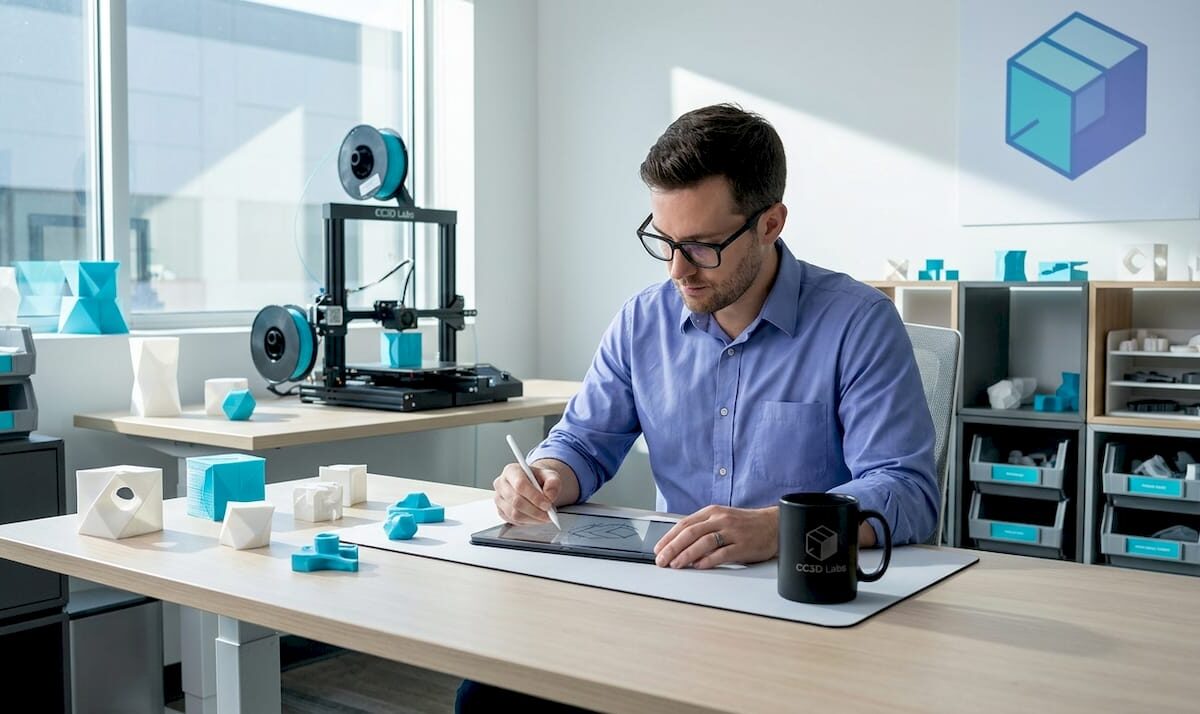 Product developer working on prototype sketches