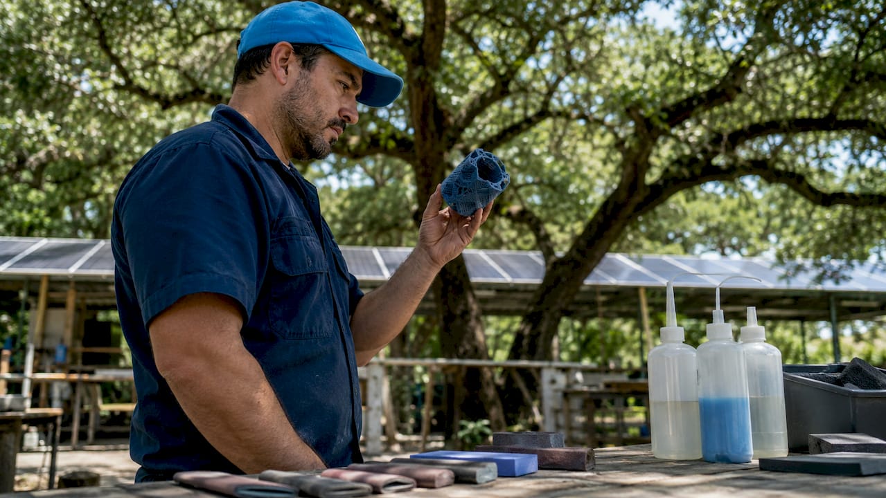 Technician inspecting 3D print finishing tools
