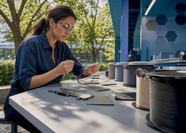 Engineer inspecting filament material spools