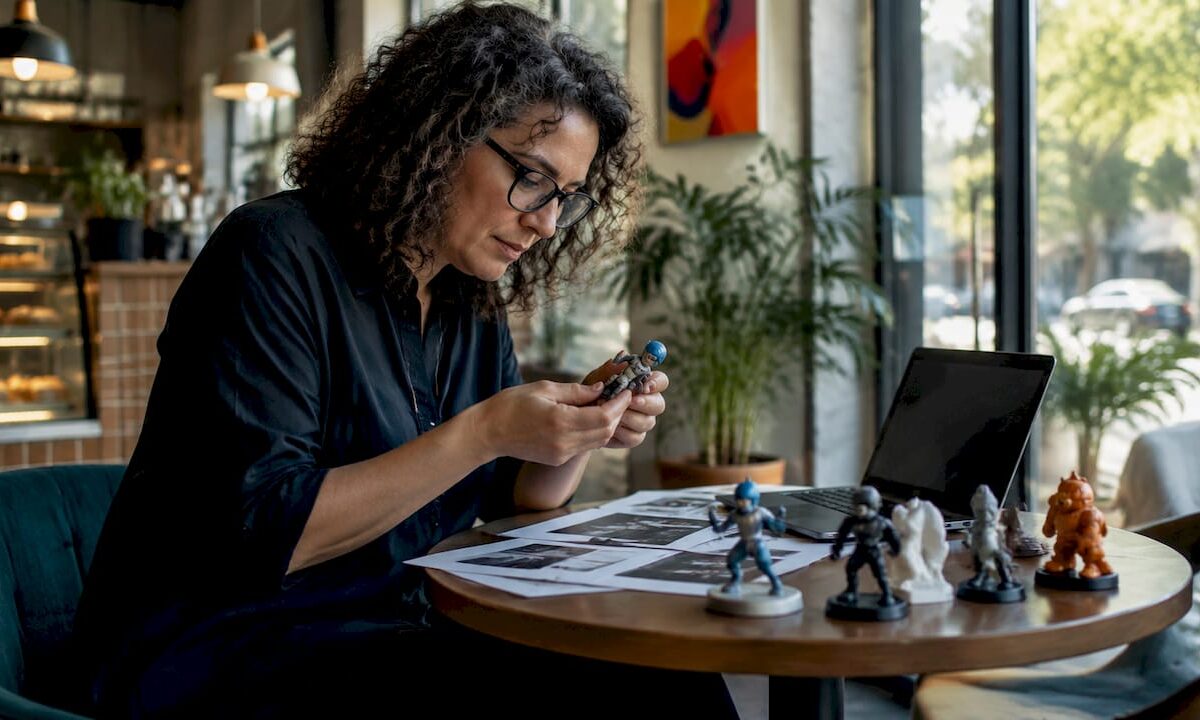 Designer inspecting personalized 3D printed miniature