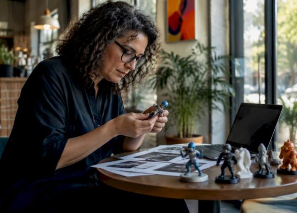 Designer inspecting personalized 3D printed miniature