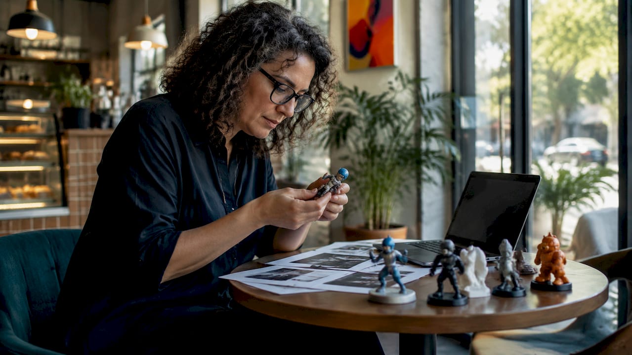 Designer inspecting personalized 3D printed miniature