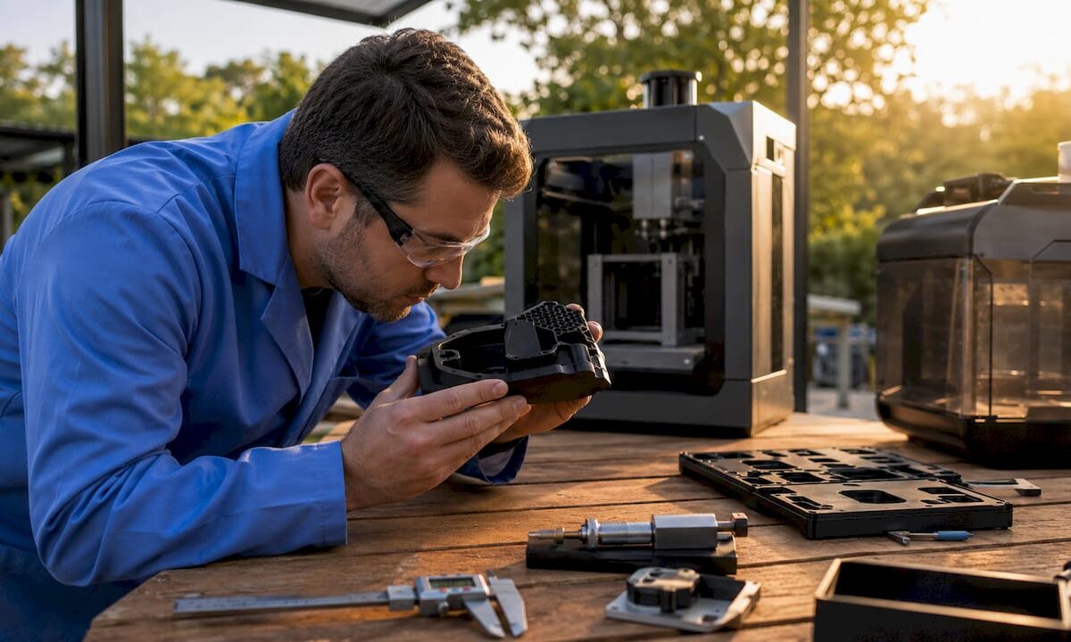 Engineer inspecting 3D printed part surface finish