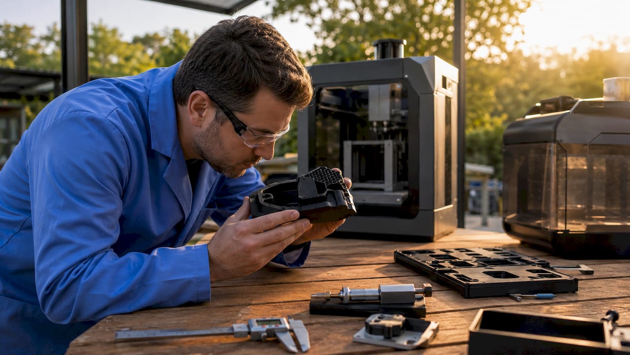 Engineer inspecting 3D printed part surface finish