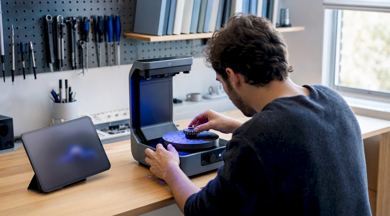 Technician scanning small mechanical part